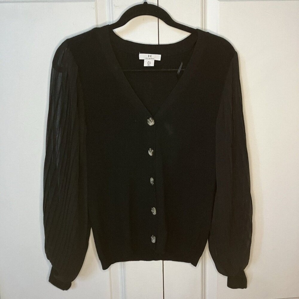 H by Halston Cardigan Womens Small Black Sheer Sleeve‎ Sweater Neutral Holiday